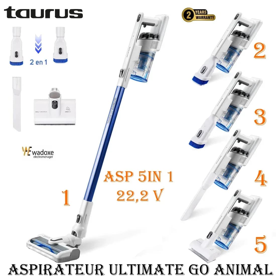 Aspirateur élégant 5 en 1 sans fil avec batterie puissante et accessoire supplémentaire spécial chats et chiens - TAURUS