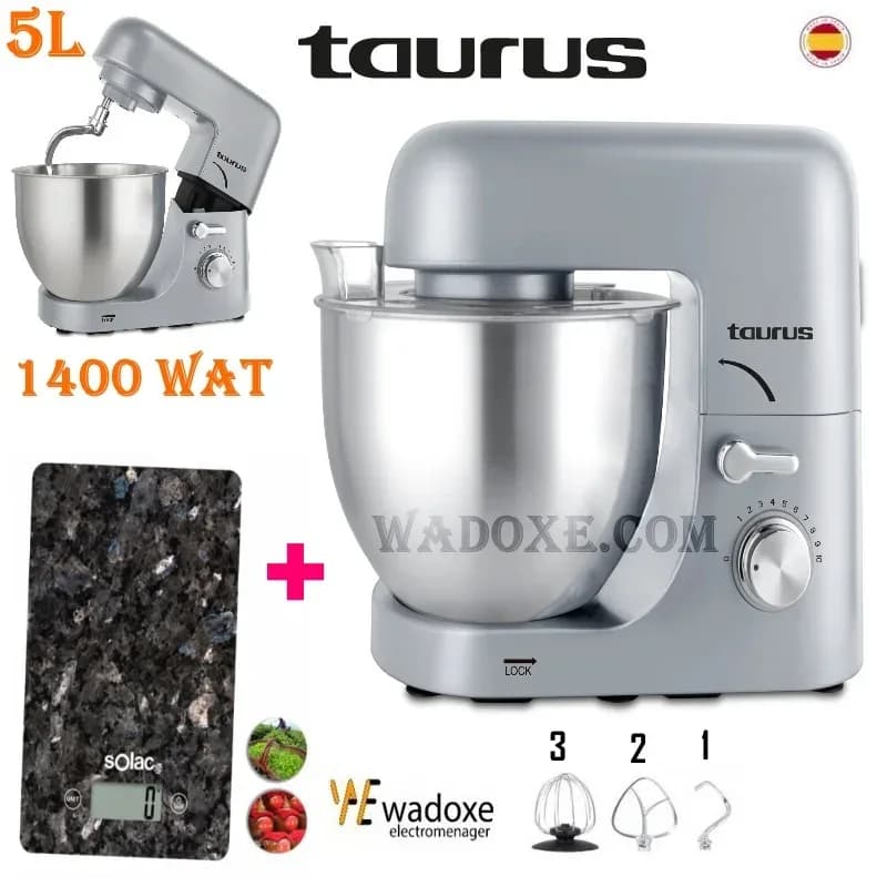 Pétrin gris élégant et raffiné de 5 litres, puissance 1400 W + balance de cuisine digitale - TAURUS