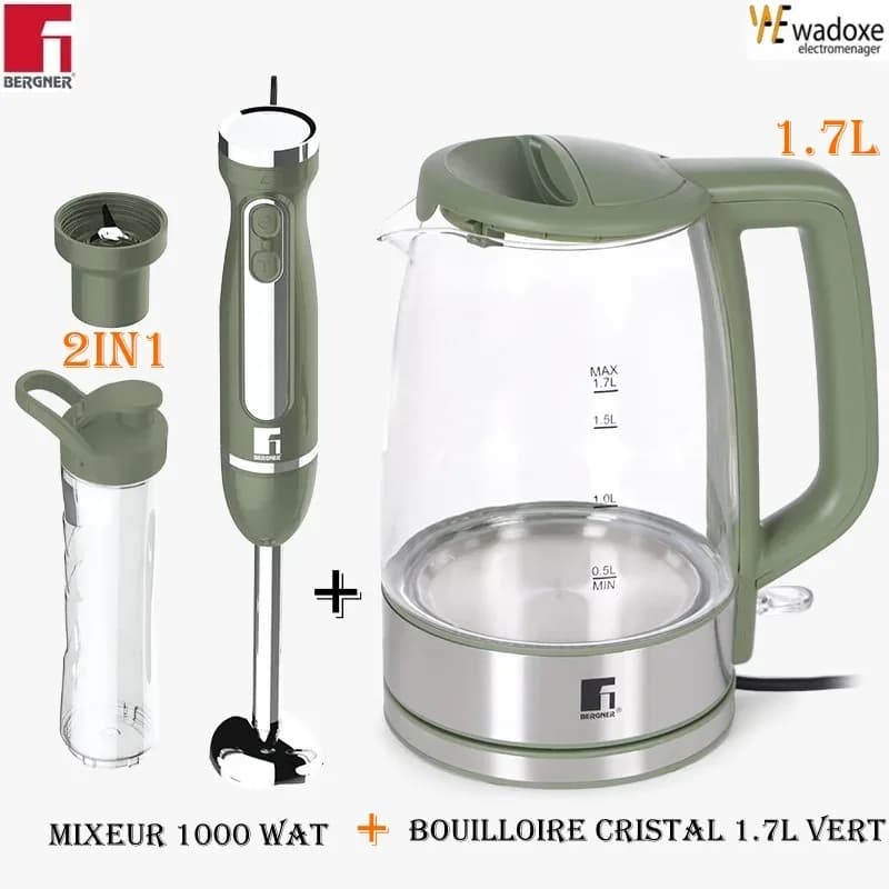 Mixeur plongeant 1000 W avec bol à jus + bouilloire en verre 1,7 L - BERGNER