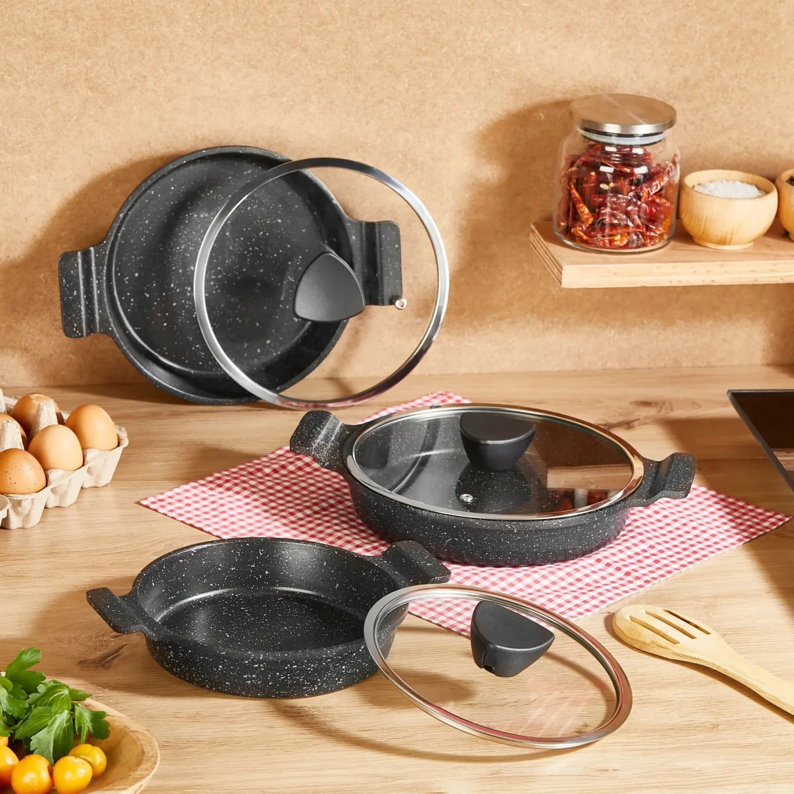 Set de poêles en granit – 3 pièces avec couvercles en verre - AMBOSS