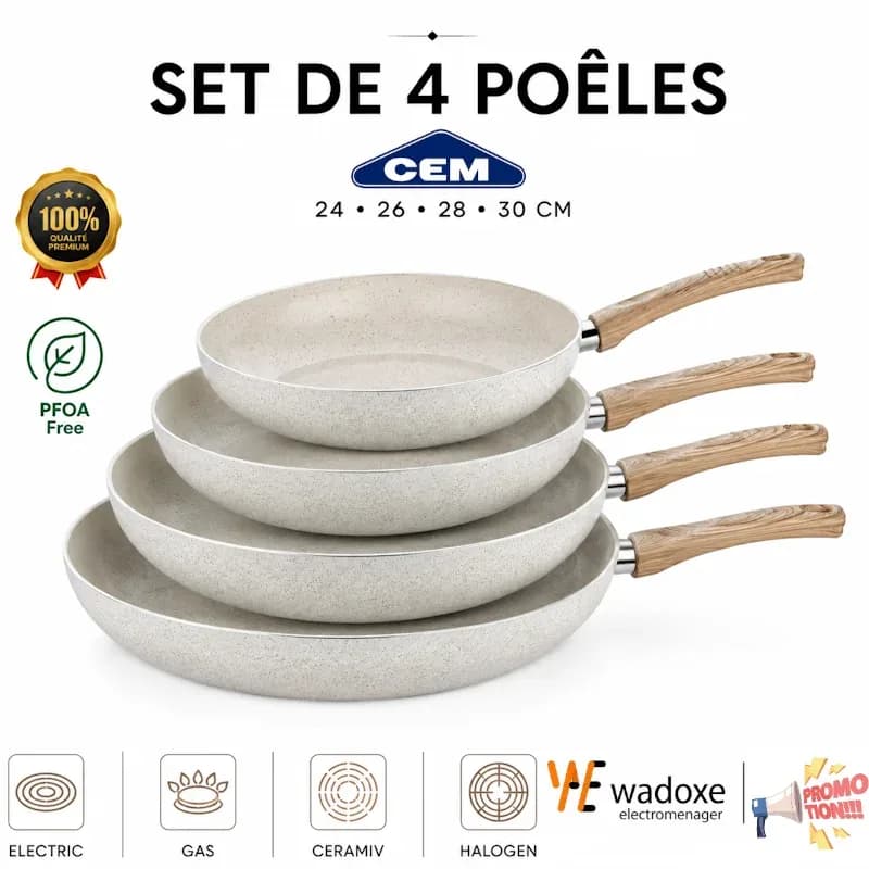 Set 4 poêles céramique antiadhésives 24, 26, 28 et 30 cm - CEM