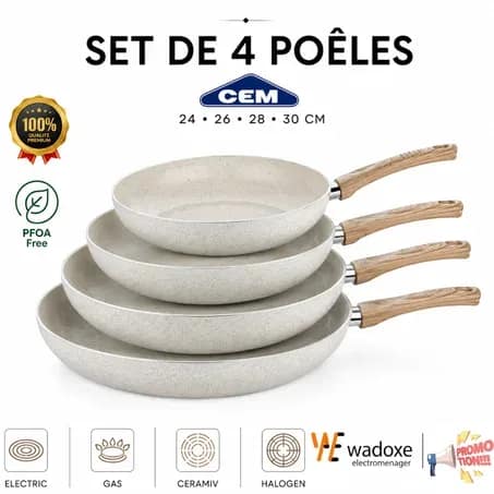 Set 4 poêles céramique antiadhésives 24, 26, 28 et 30 cm - CEM