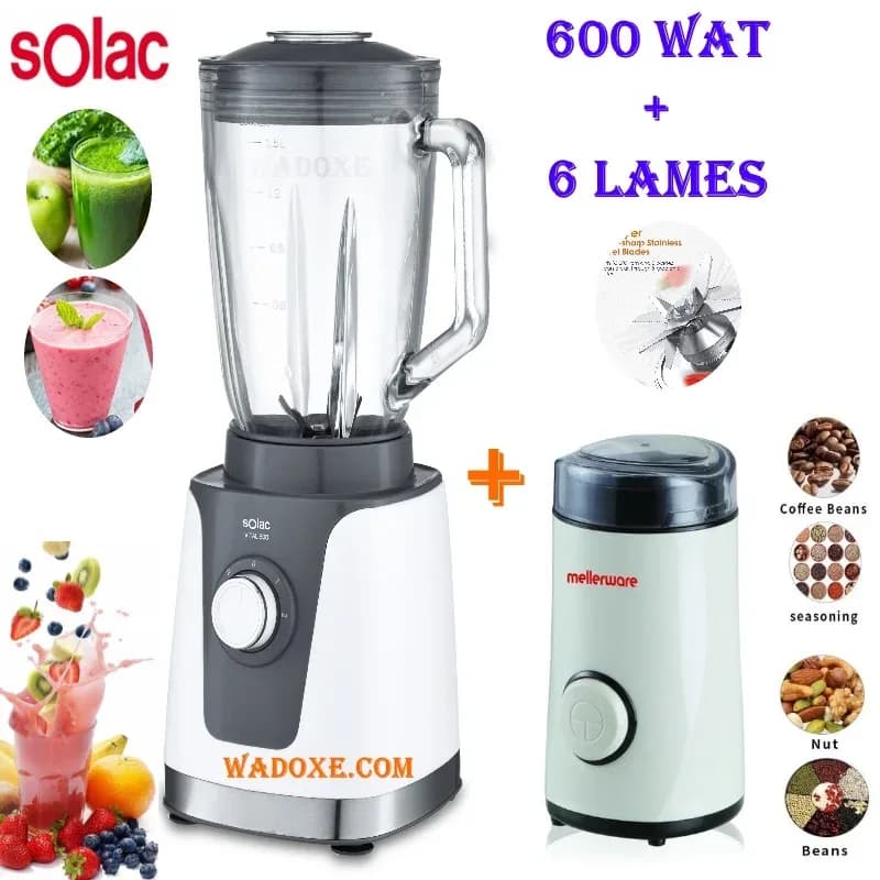 Blender électrique 600 W avec bol en verre de 1,5L + moulin domestique à café et épices - WADOXE