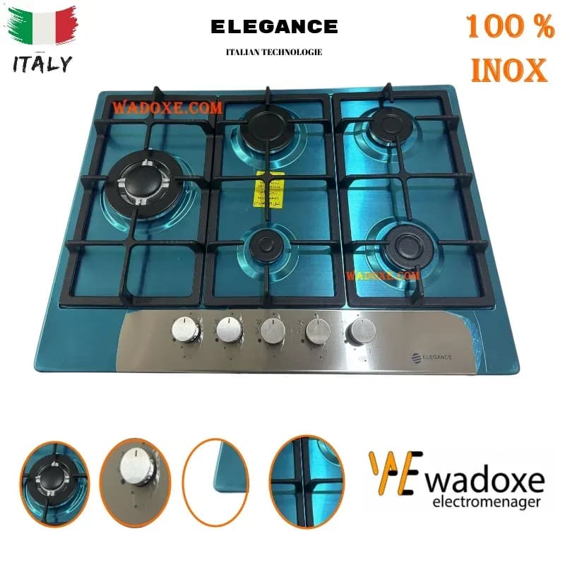 Plaque à gaz encastrable inox 70 cm - 5 brûleurs avec supports en fonte - ELELGANCE