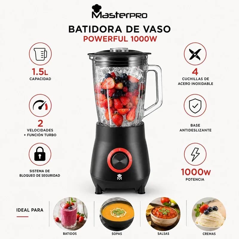 Blender Excellence 1000 W, bol en verre 1,5 L BGMP-G435 - MASTERPRO