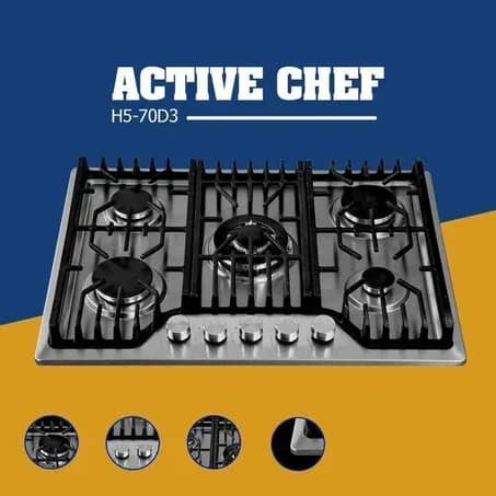 صفيحة غاز 70 سم مدمجة إنوكس - بـ 5 شعلة مع حوامل من حديد زهر - ACTIVE CHEF