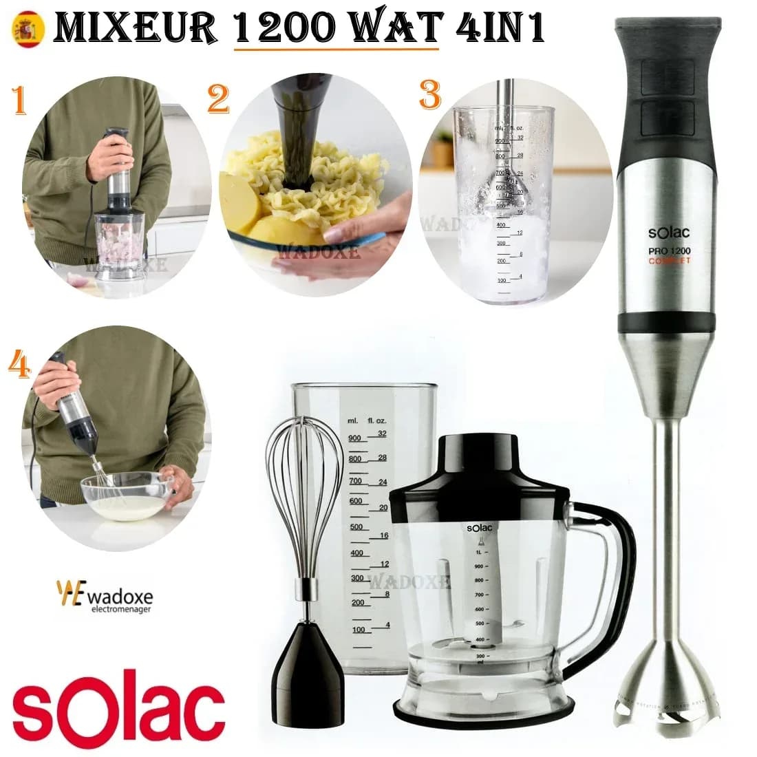 Mixeur plongeant électrique 1200 W 4 en 1 - SOLAC