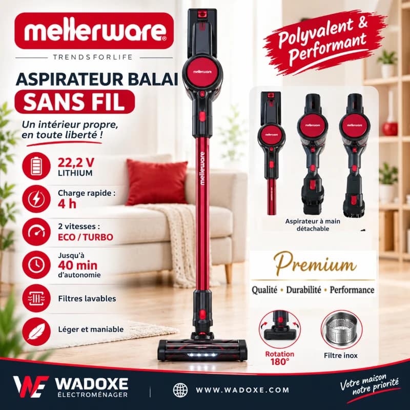 مكنسه كهربائيه 3في1 بدون سلك مع فيلتر إنوكس + بطارية ليثيوم - MELLERWARE