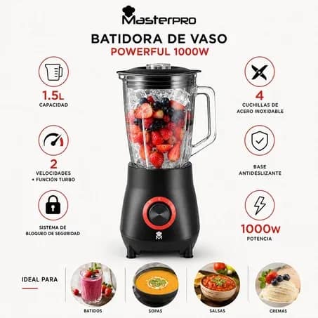 خلاط MasterPRO Excellence 1000 واط – إبريق زجاجي 1.5 لتر لأداء قوي ونتائج مثالية